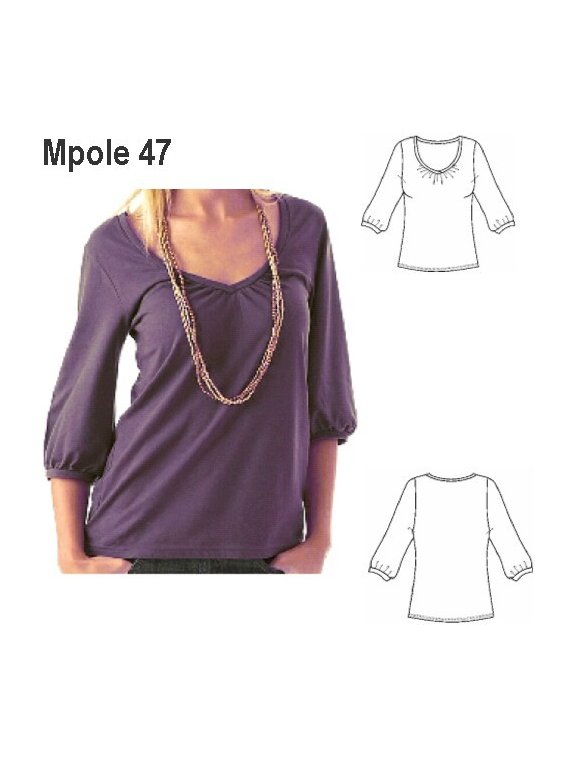 POLERA MANGA RECOGIDA MUJER, ESCOTE CON